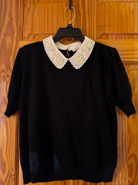 Mario Cioni Black Knit Top with Embroidered White Peter Pan Collar